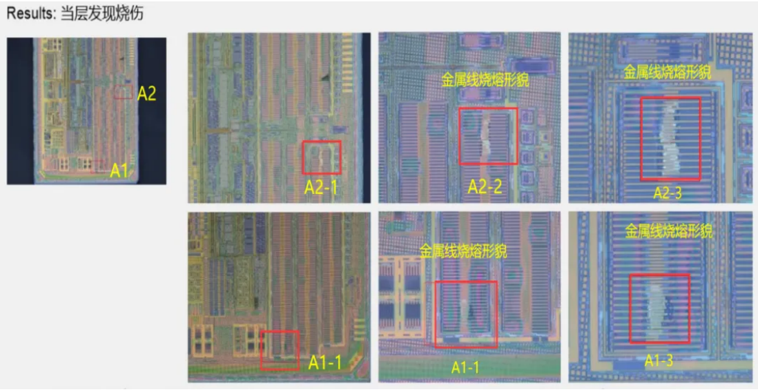 在芯片晶圓M1層可見燒熔點(diǎn)，而芯片其他部位均無形貌異常